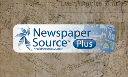 Newspaper Source Plus logo with collage of old newspapers in the background